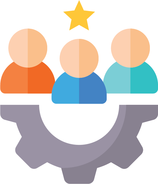 cartoon people with a star above them and a gear below them