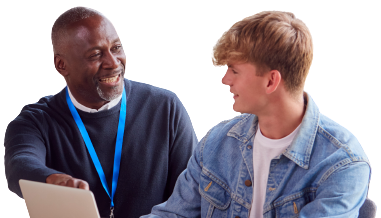 Male apprenticeship guidance working smiling at student