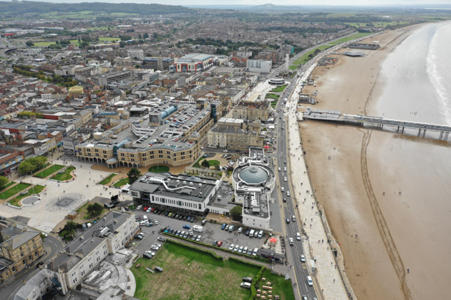 drone image of university centre weston distance form the beach in weston-super-mare
