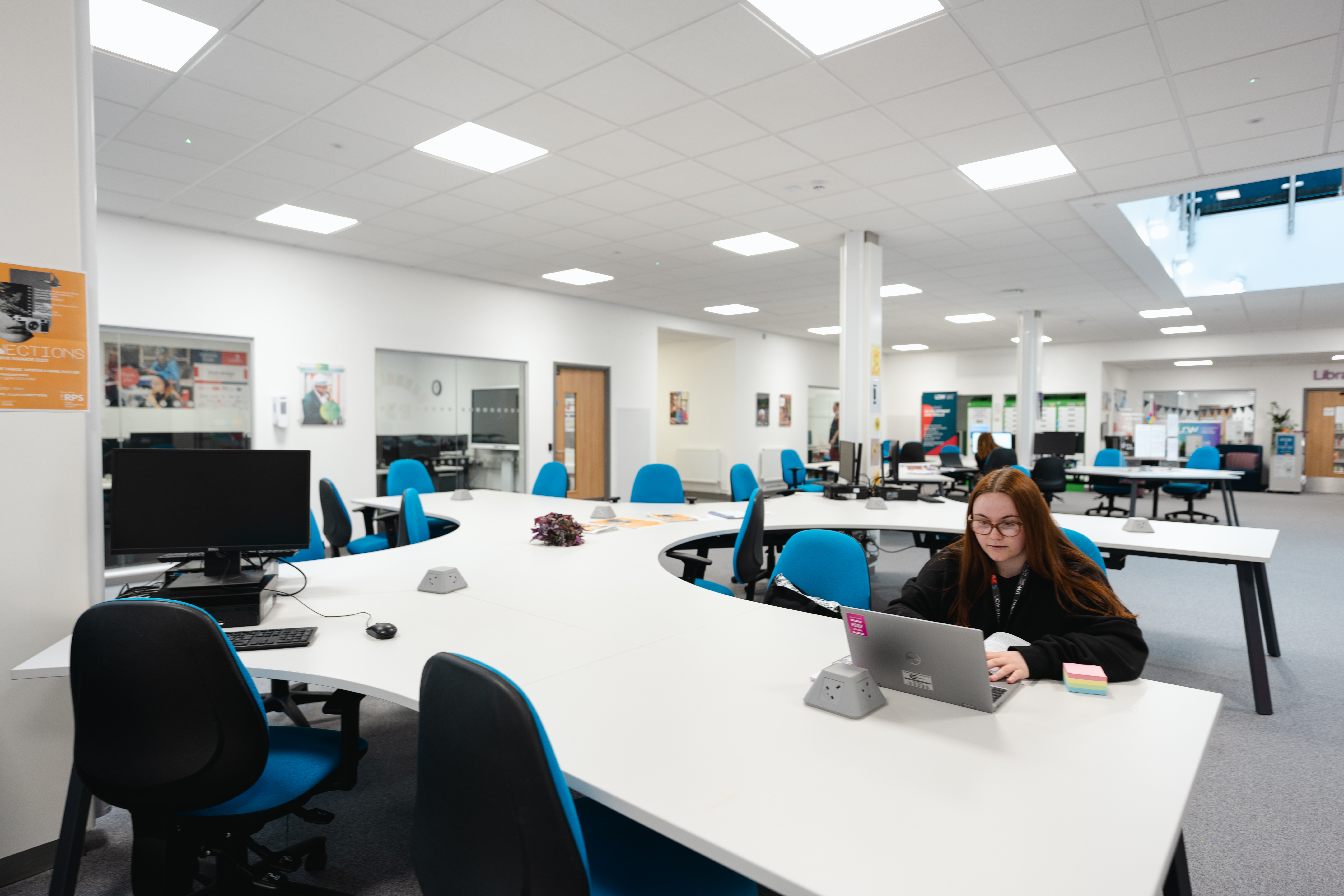 Open plan study space in The Winter Gardens Campus for University Centre Weston in Weston-super-Mare