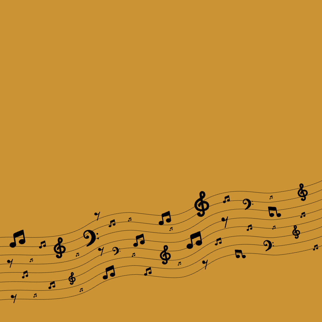 Yellow background with flowing music notes along the bottom