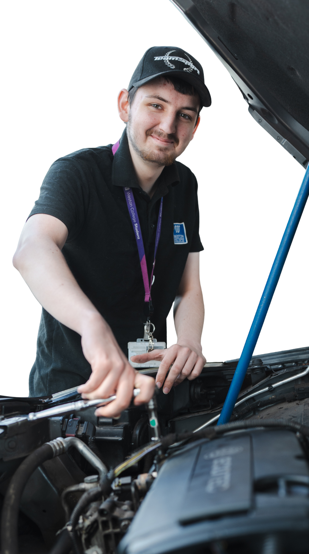 student male fixing under car bonnet