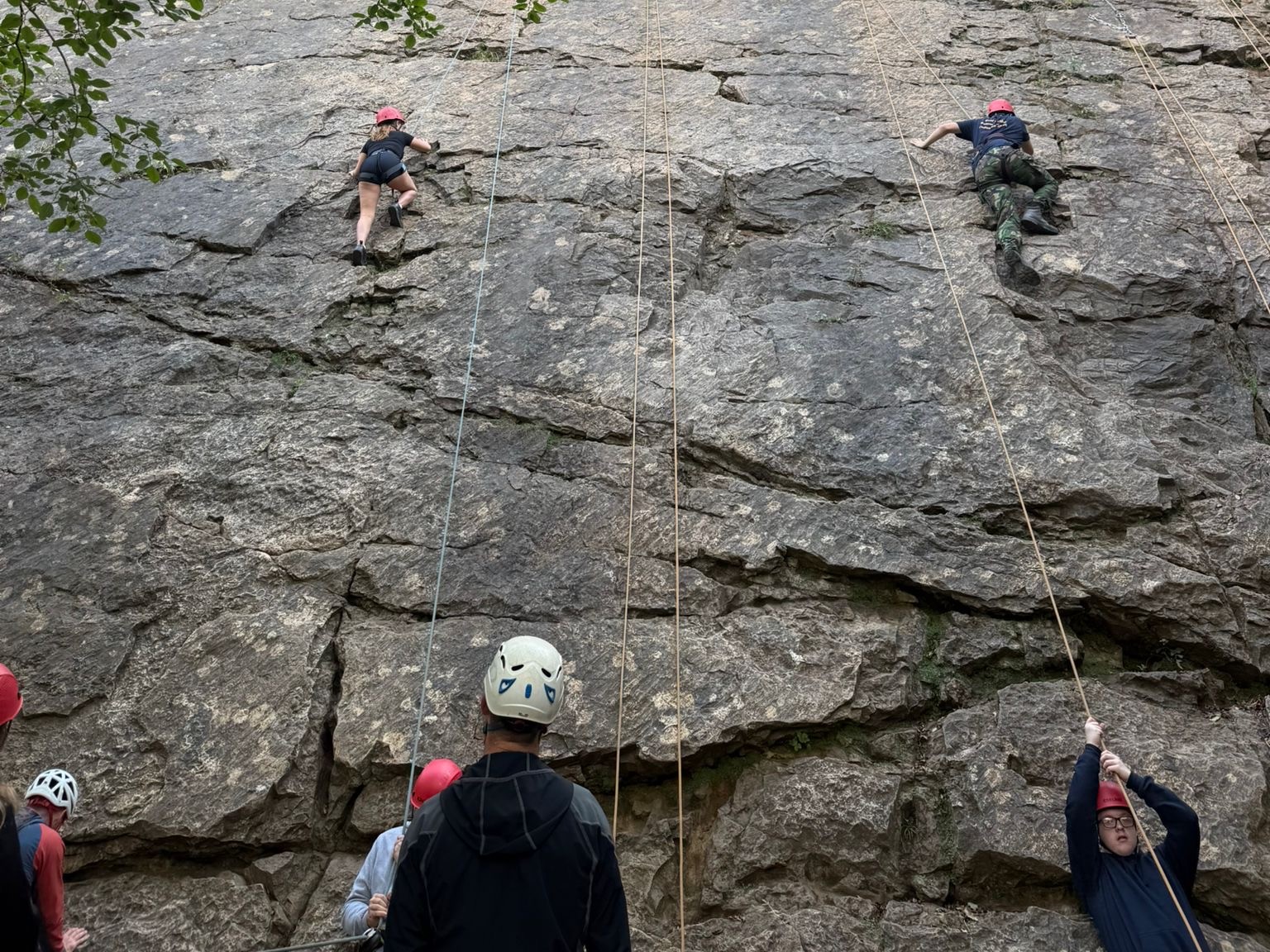 Students abseiling and climbing