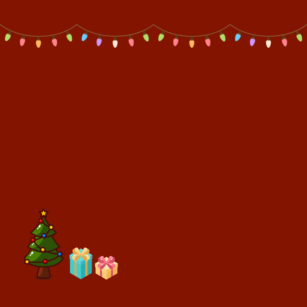 Dark red background with cartoon Christmas lights, a Christmas tree and 2 Christmas presents