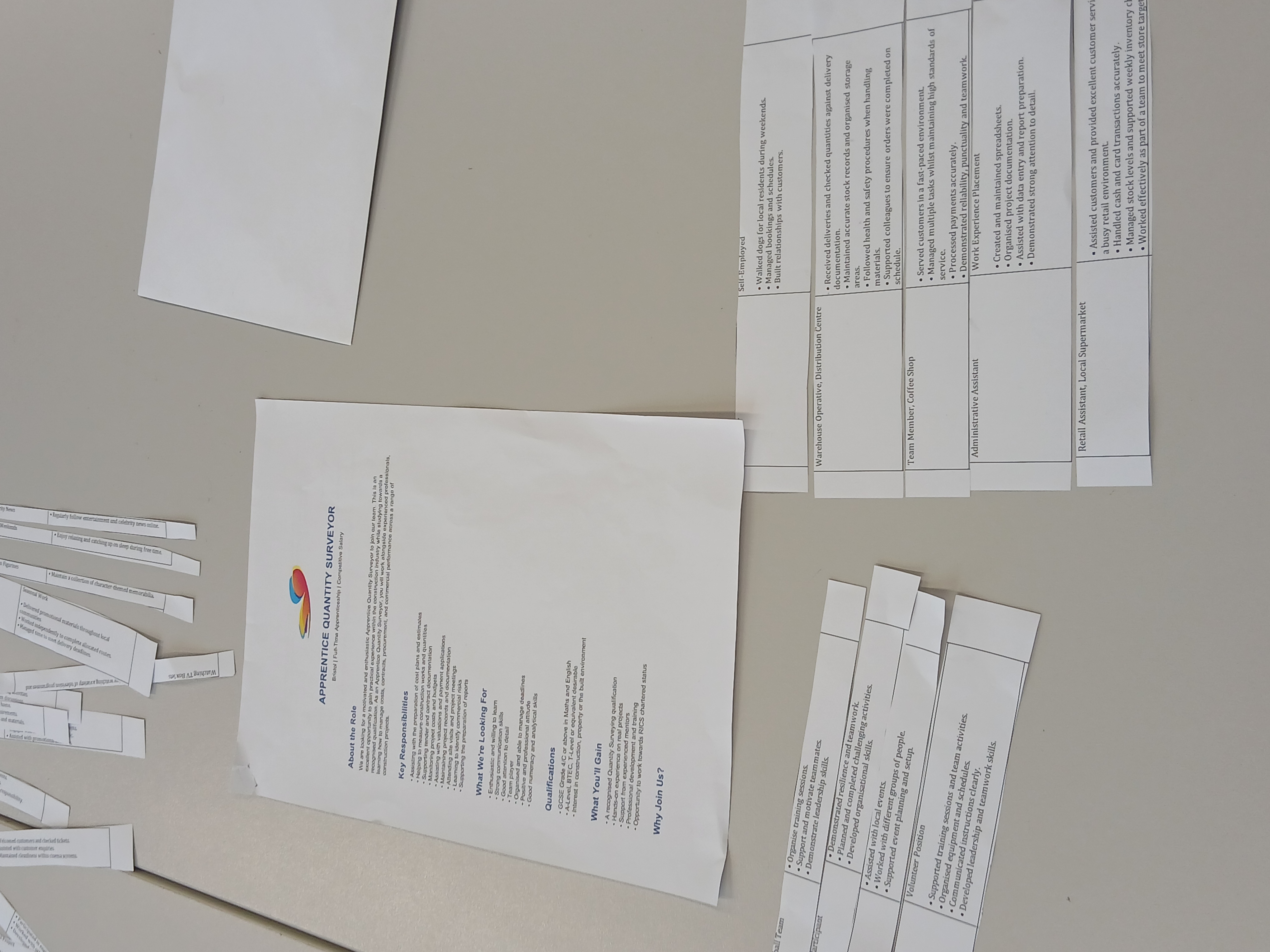 Worksheets for CV workshop