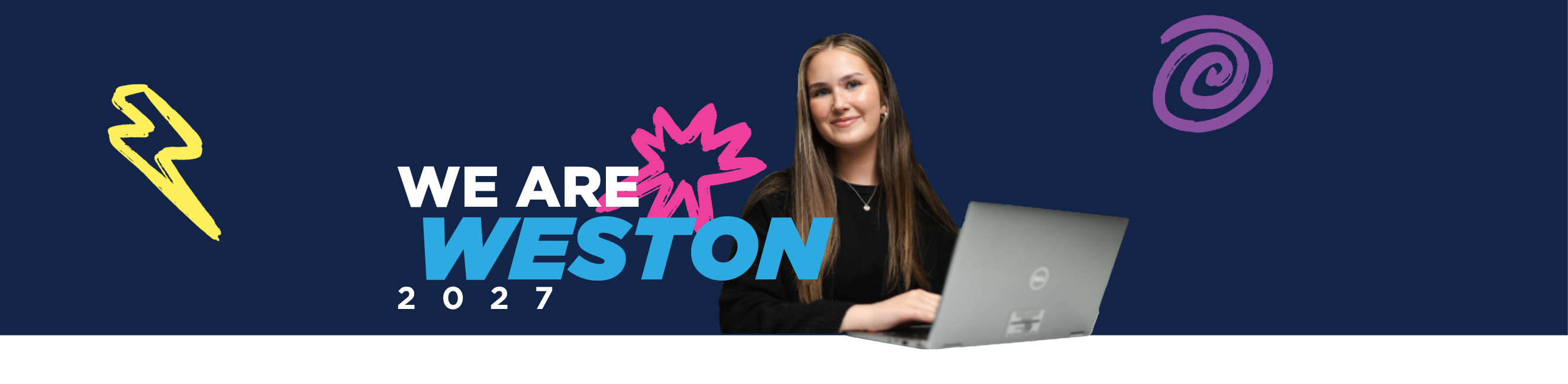 Female student on laptop with we are weston 2027 text over the top