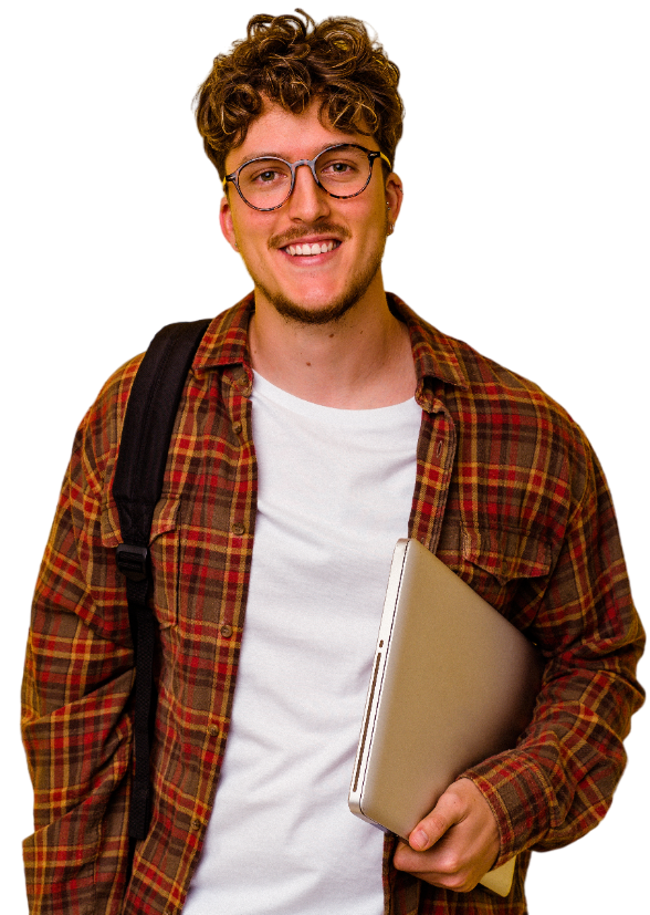 man holding a laptop smiling at camera
