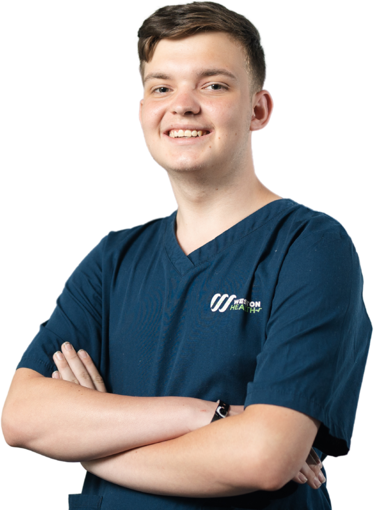 boy in a nurses uniform with his arms crossed