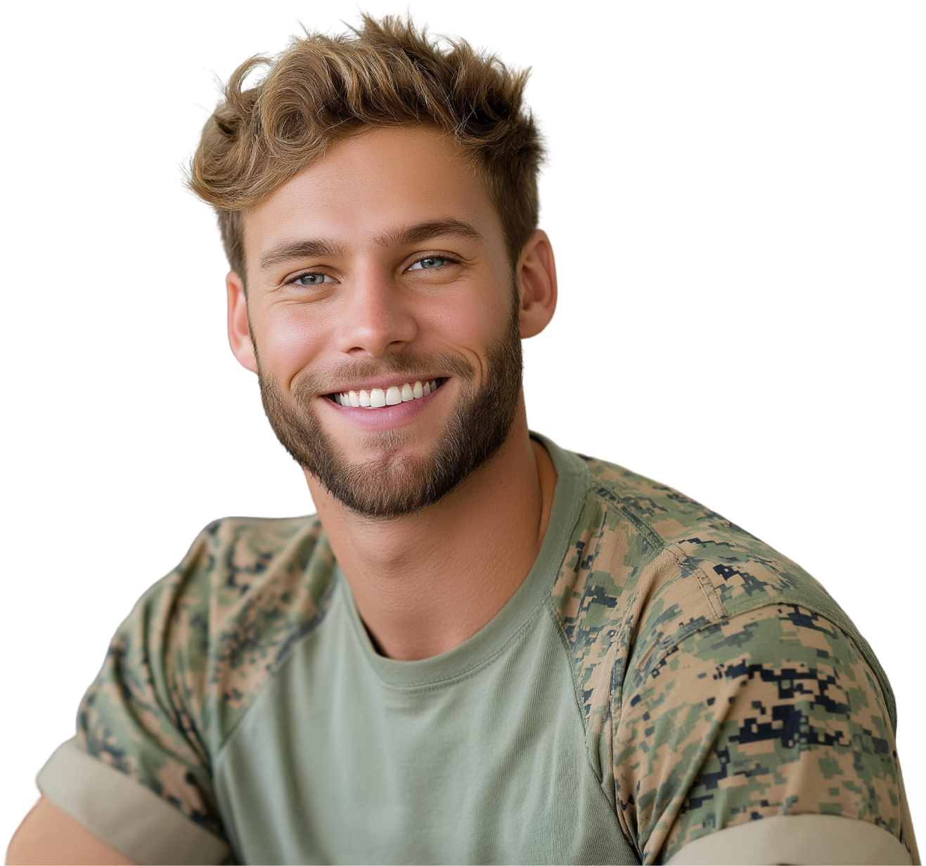 Smiling man in a camouflage T-shirt.