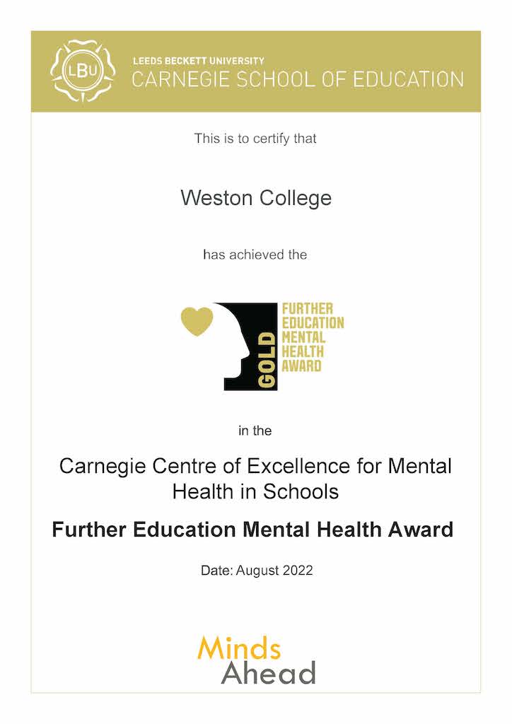 Weston College Mental Health Award Winning Certificate