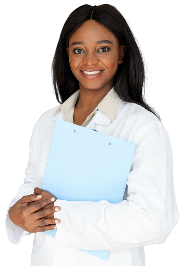 female GP holding clipboard