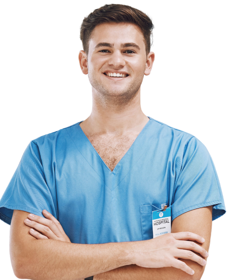 male nurse smiling at the camera with arms crossed