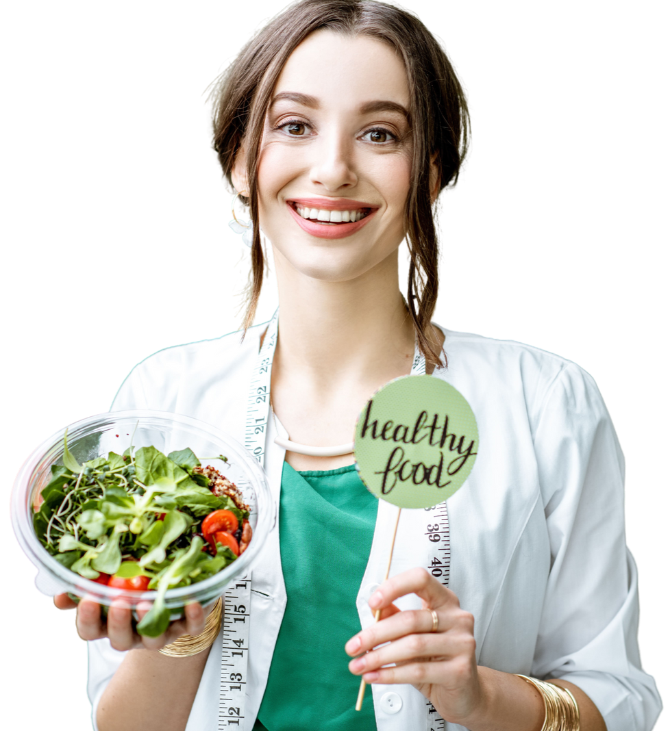 female dietitian holding a bowl of salad  