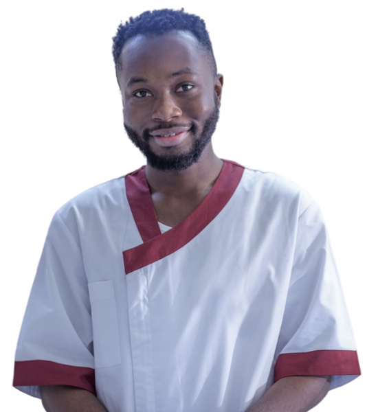 male health assistant in uniform smiling at the camera
