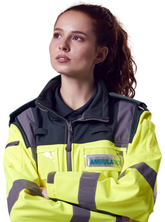 female paramedic with arms crossed looking into the distance
