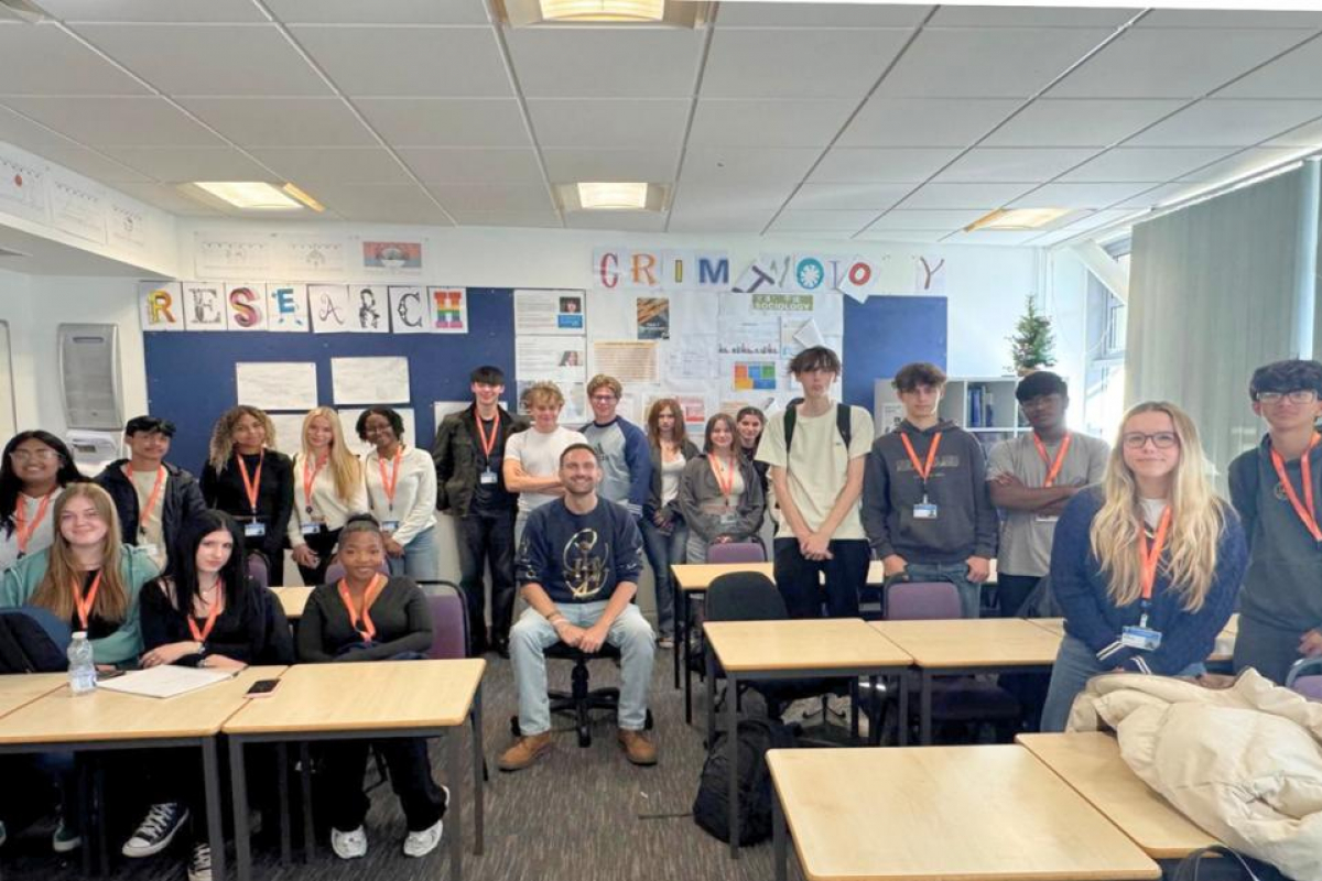 Dan Aldridge in A Level classroom with A Level students