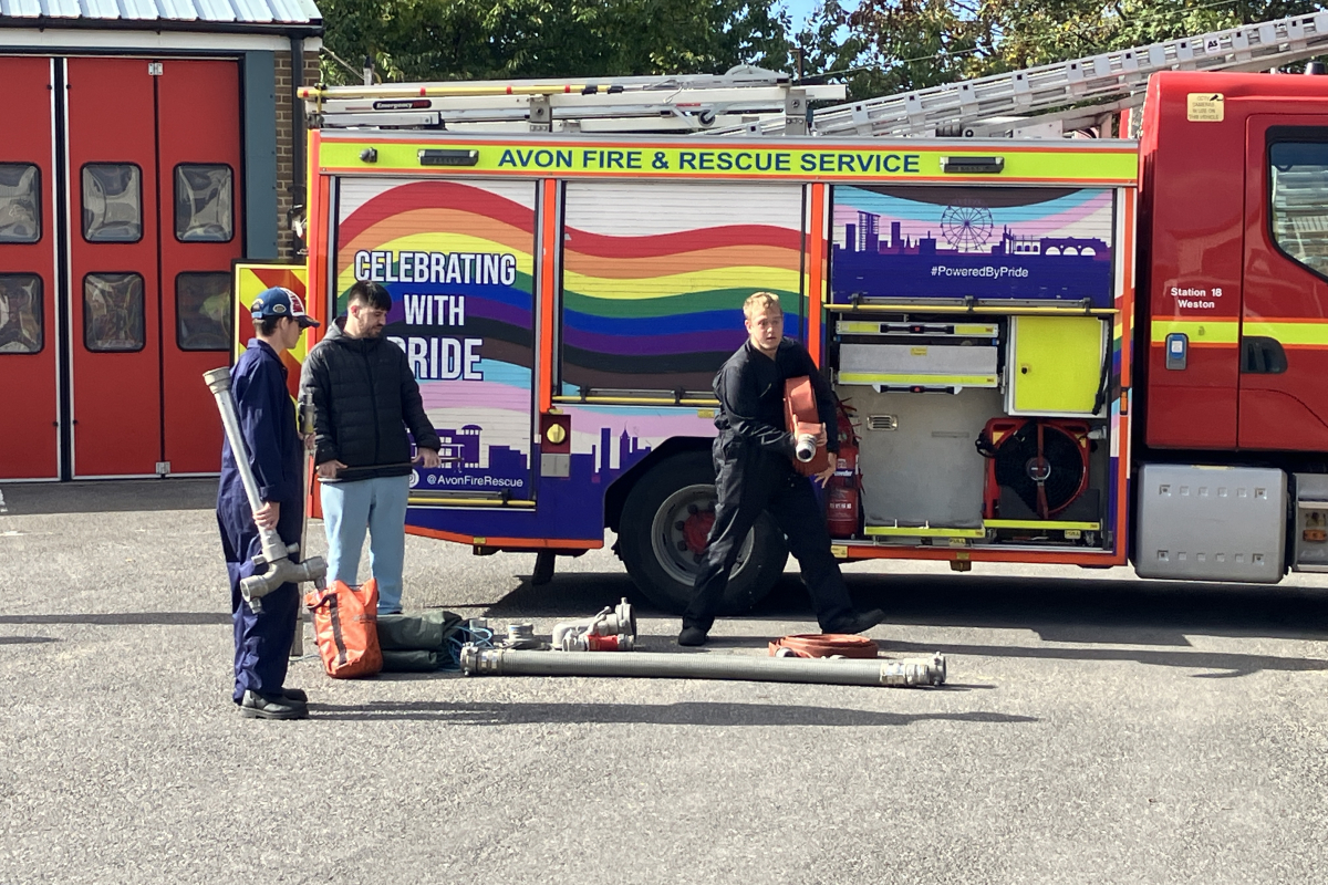 Students in front of fire truck