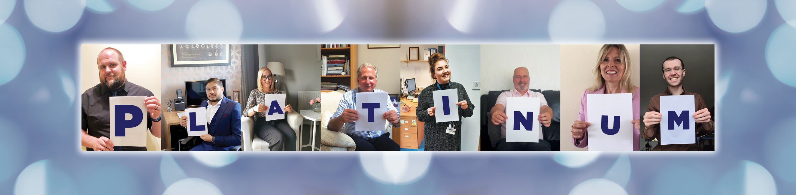 Members of staff holding letters spelling platinum at qweston college courses for school leavers in weston-super-mare
