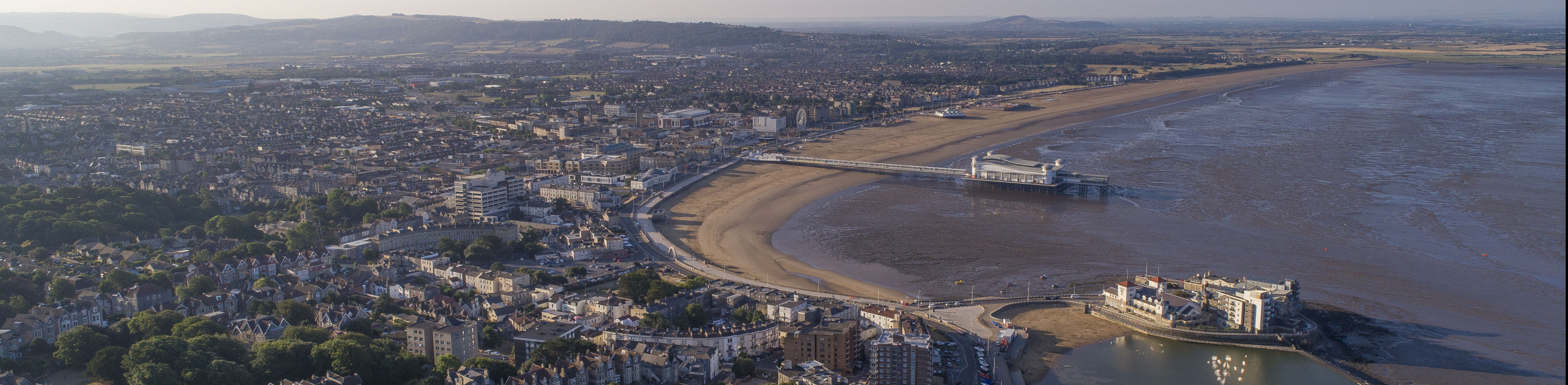 Drone shot of seaside town Weston-super-Mare