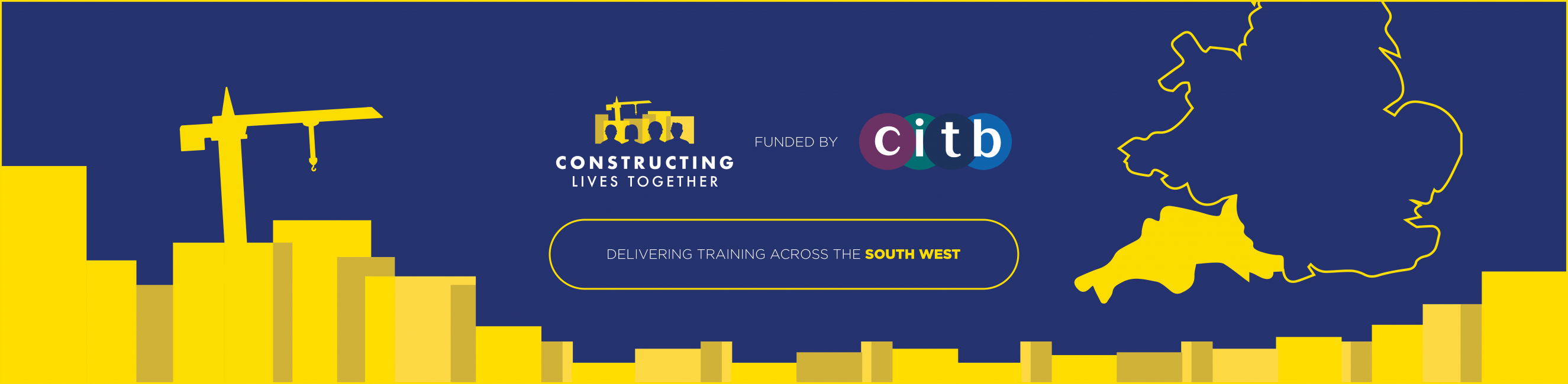 Constructing Lives Together logo by map of South West, with text saying 'construction training across the south west'