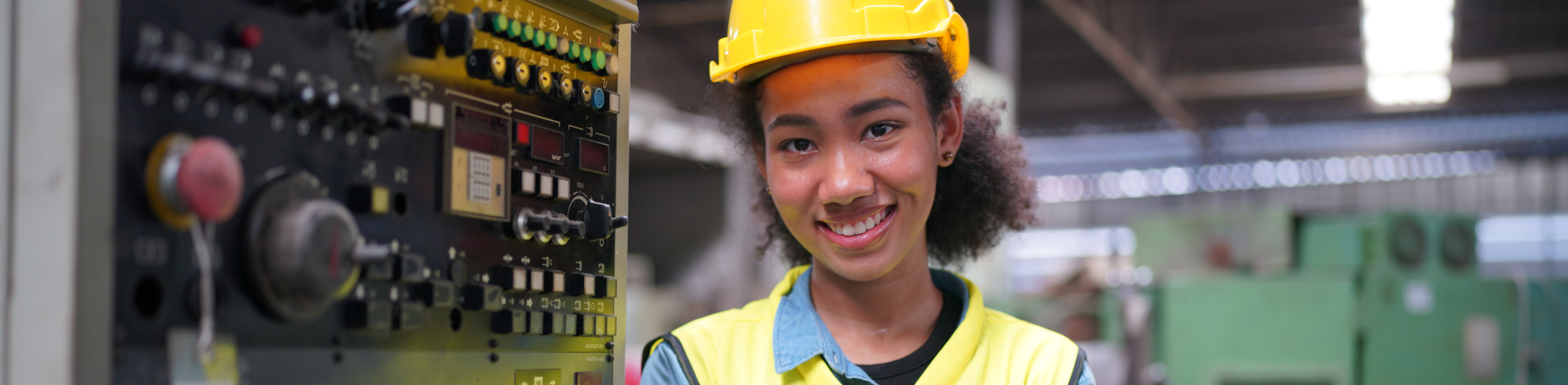 Female engineer worker by equipment