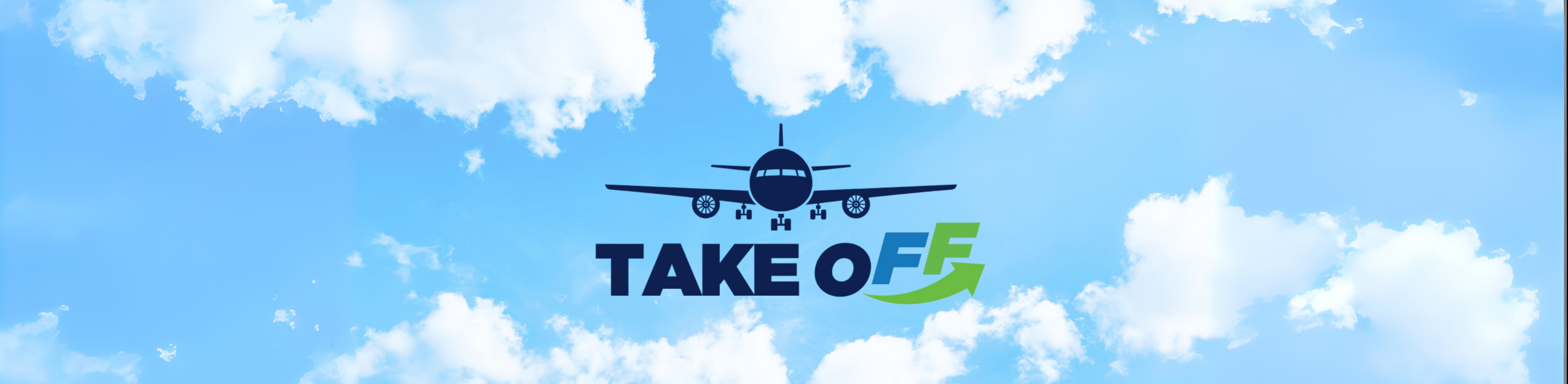 Take off, cartoon image of plane on a blue sky and cloud background