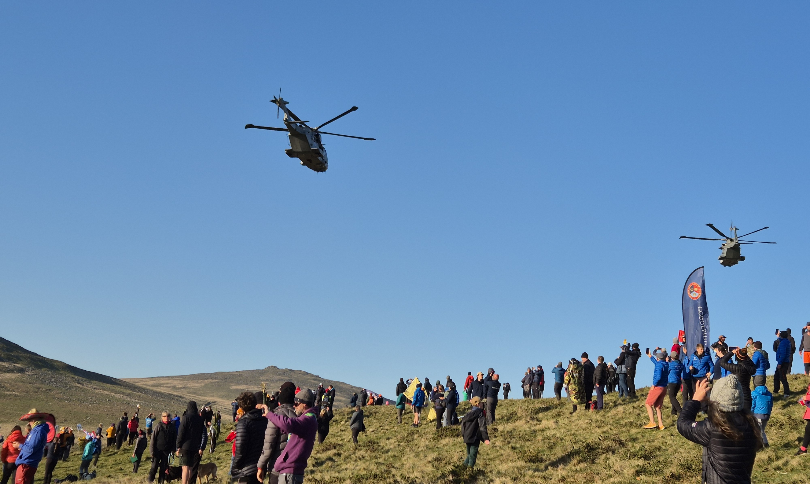 Helicopter flying through the sky