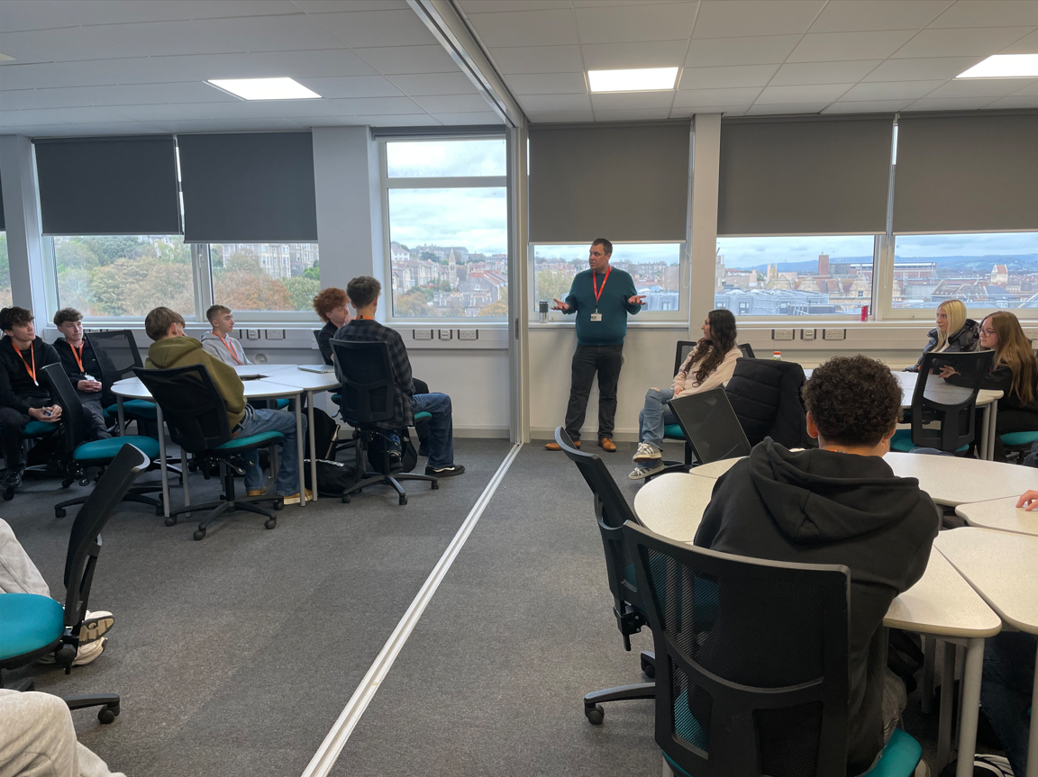 Rob Rogers talking to the Business T Level students