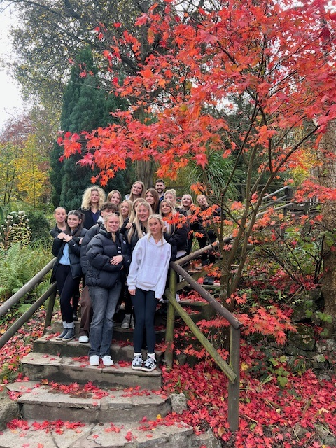 Travel and Tourism students standing and smiling on steps in front of a tree