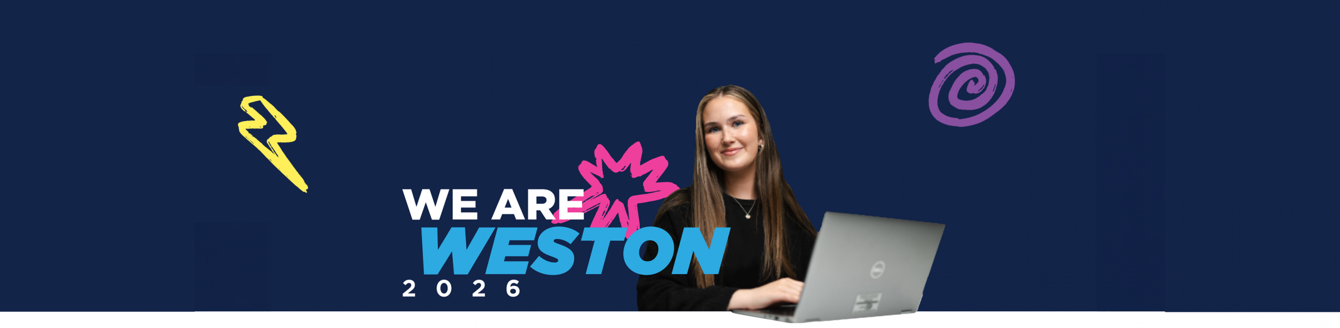 Female student on laptop with we are weston 2026 text over the top