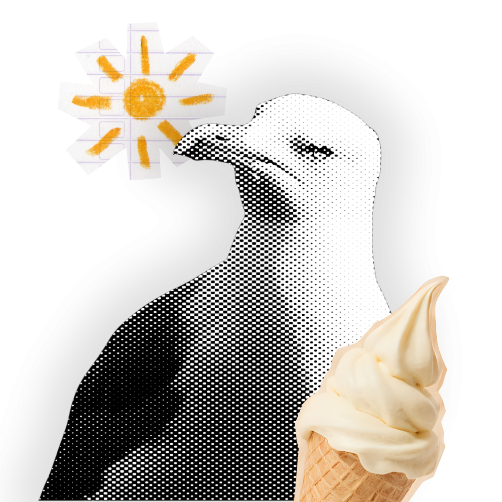 a seagull in front of a cartoon sun with an ice cream
