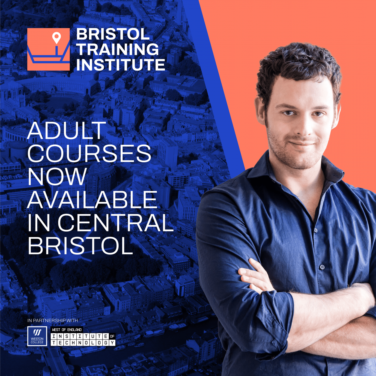 Man smiling with Bristol Training Institute branding behind him