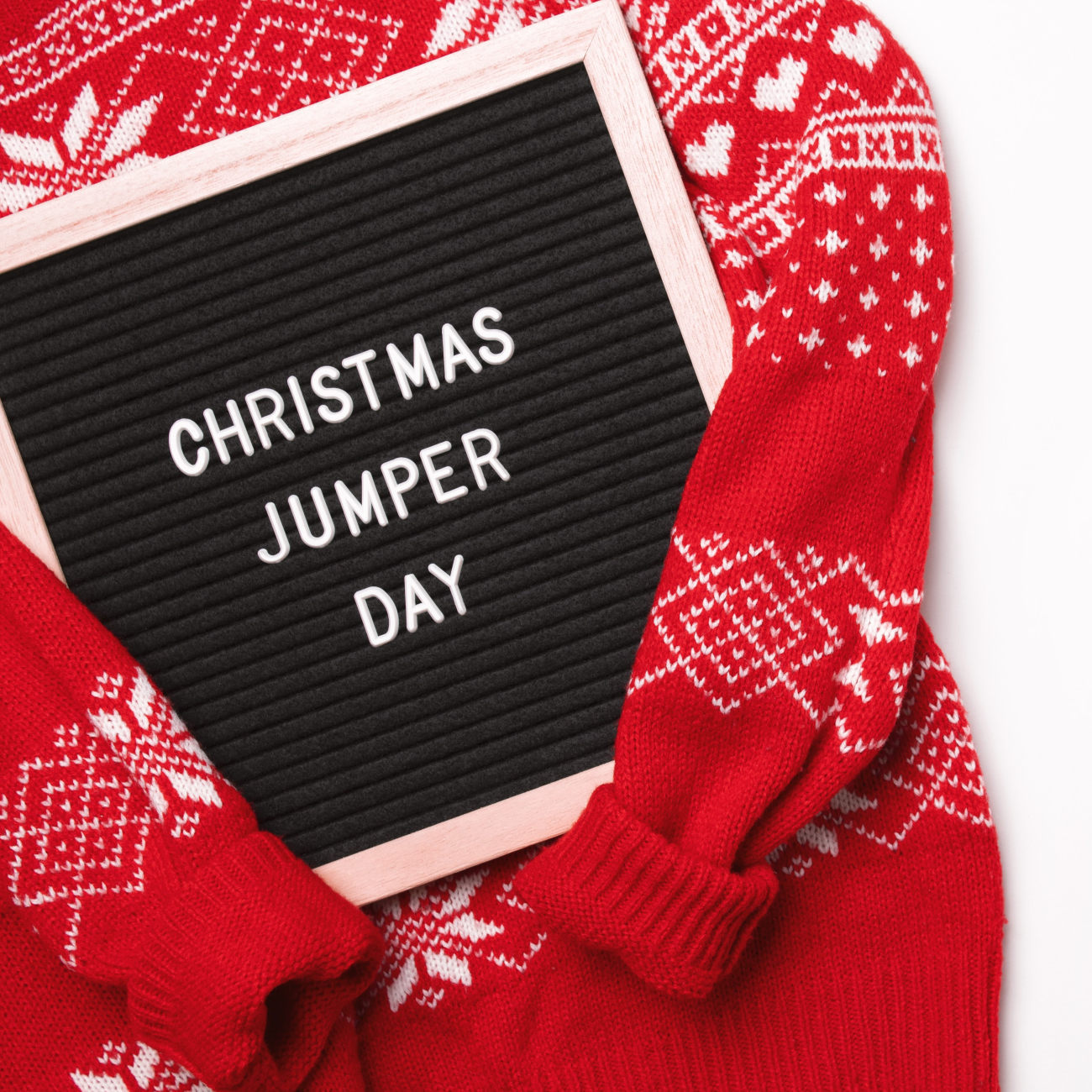 Christmas Jumper with a sign that reads Christmas Jumper Day