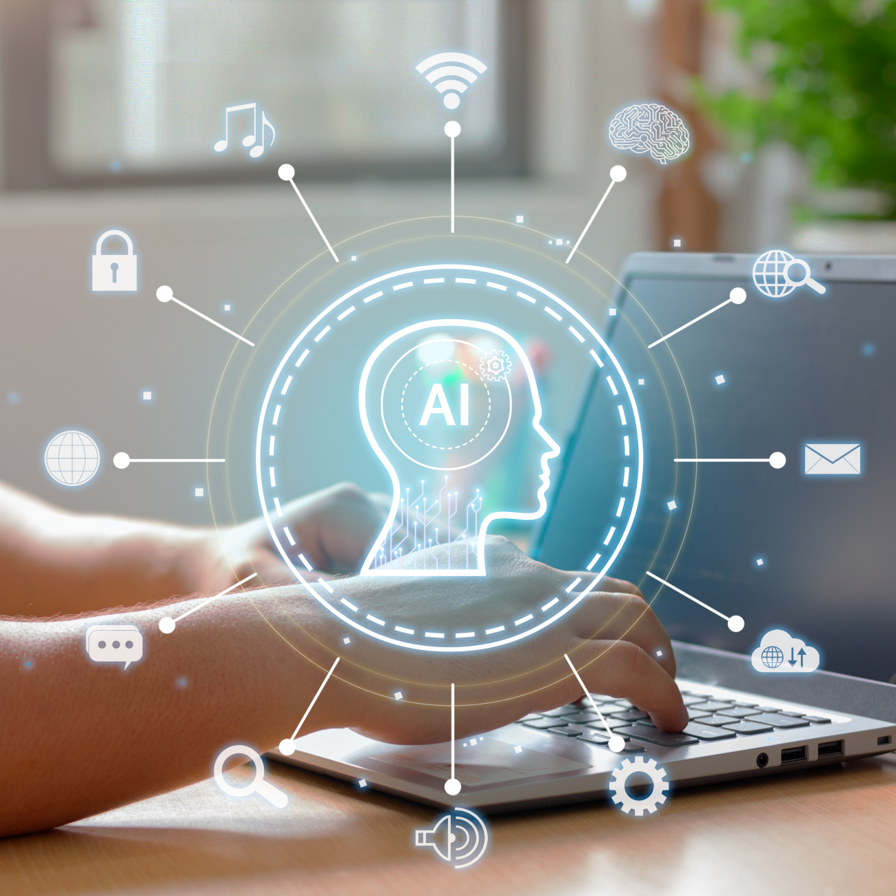 Person using laptop with graphic AI on top of it.