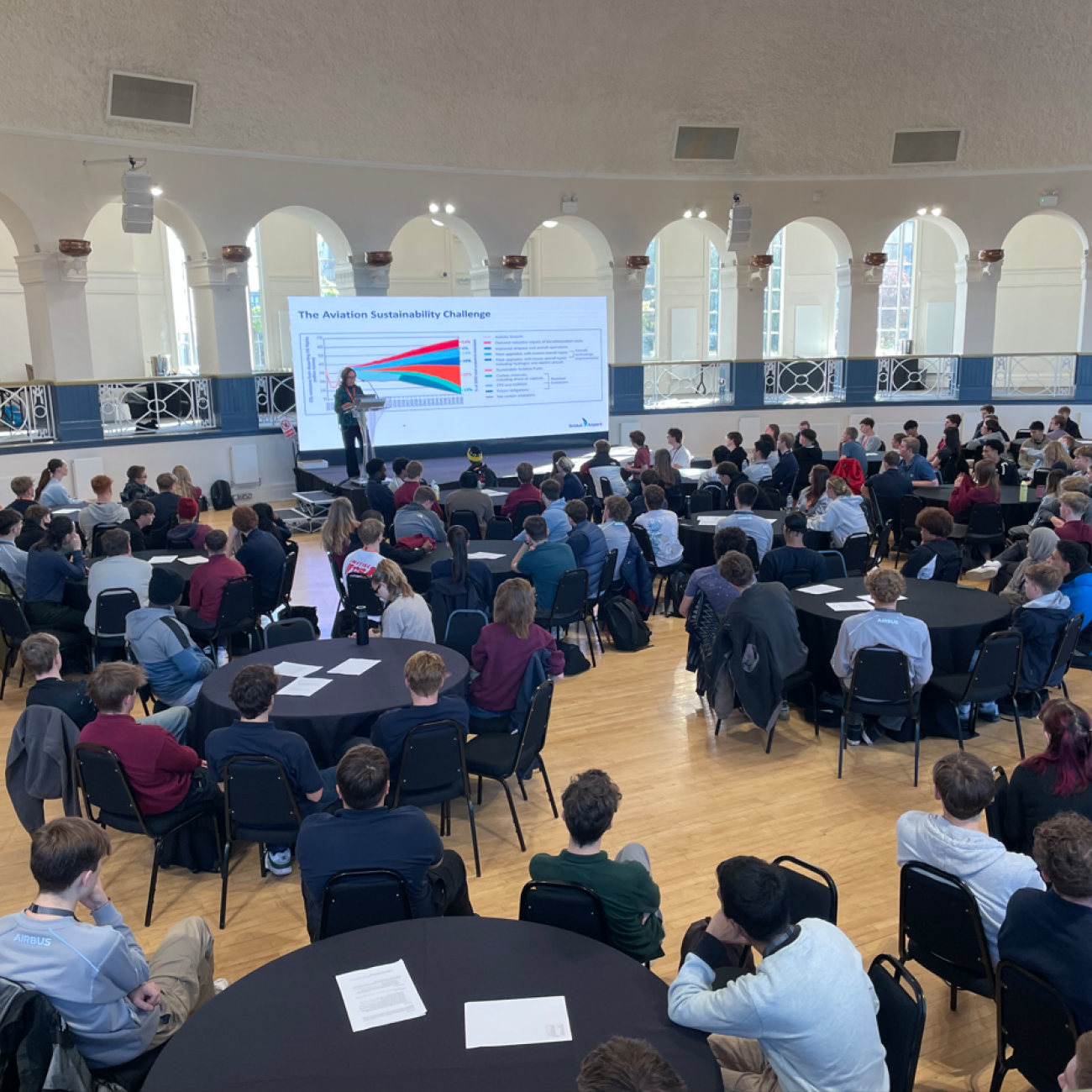 Students listening to guest speaker from Bristol Airport