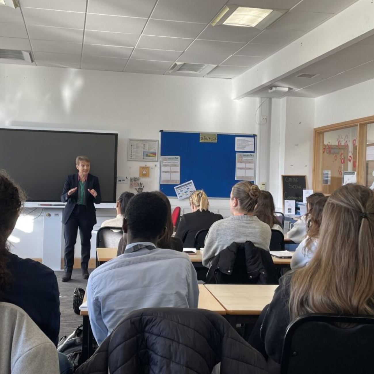 Police and Crime Commissioner, Clare Moody, talking to A Level students