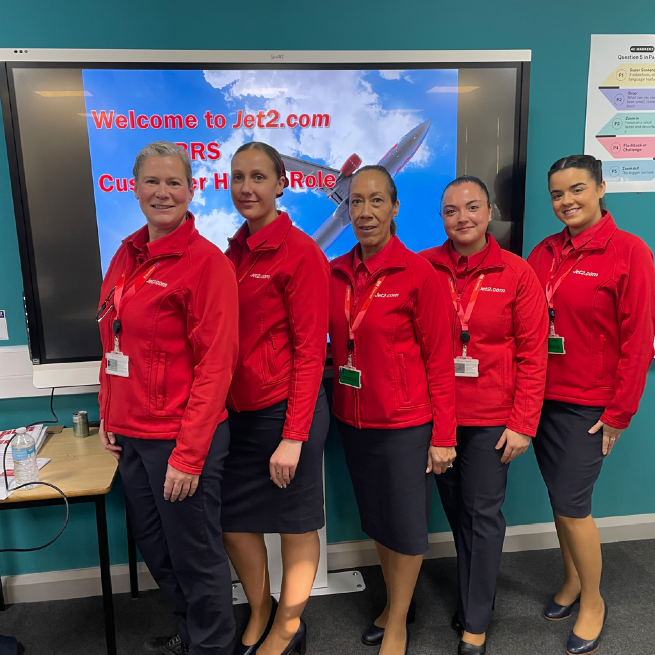 Jet2 staff standing in the Travel classroom in front of their presentation