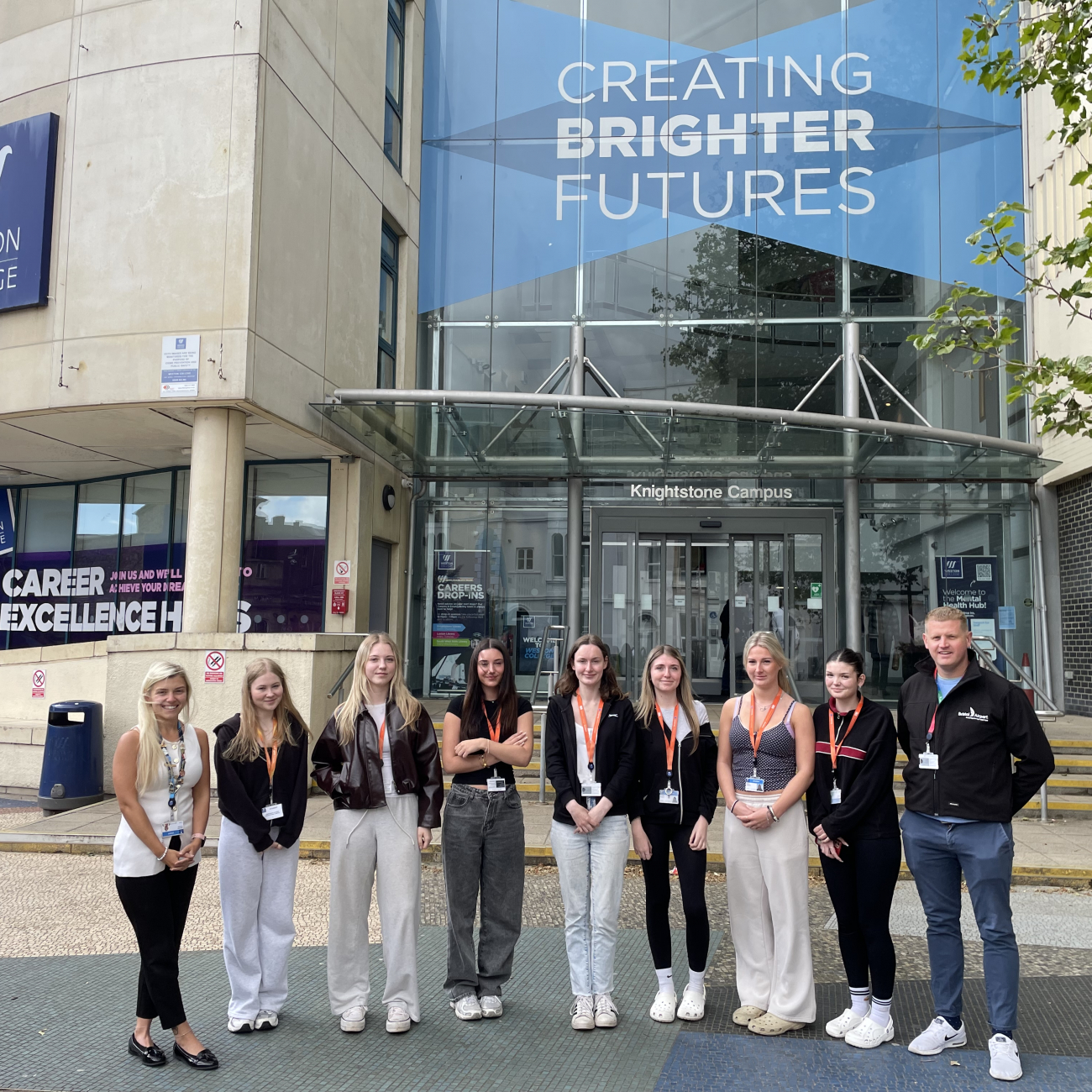 Students and Harry from Bristol Airport standing outside Knightstone campus
