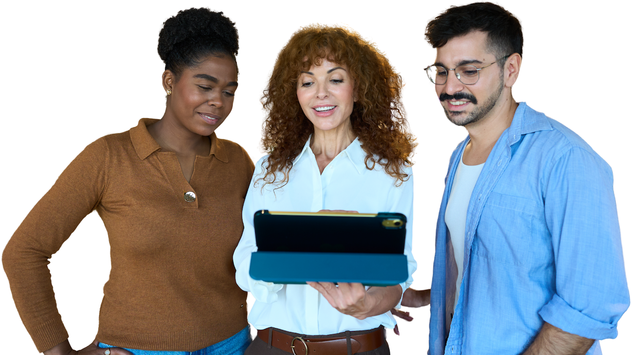 cut out of a women holding an iPad with 2 people looking at it