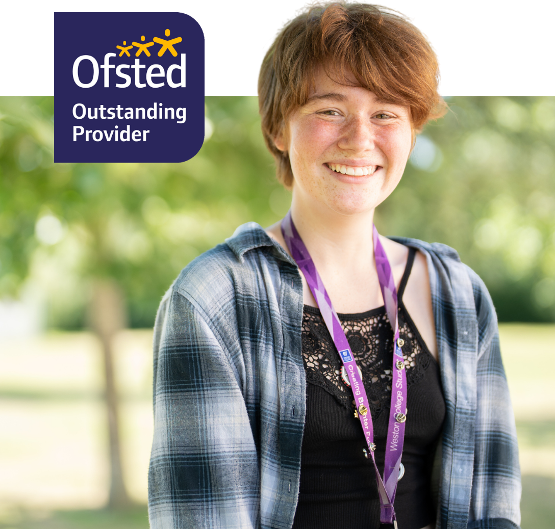 smiling student with an ofstead outstanding provider logo